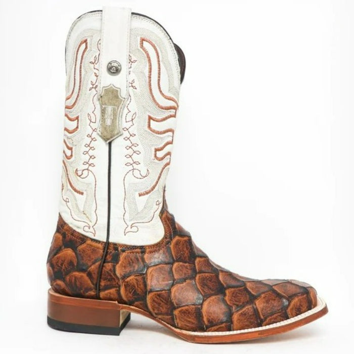Men's Dillon Print Monster Fish Square Toe Boots Cognac