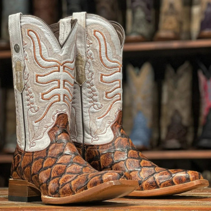 Men's Dillon Print Monster Fish Square Toe Boots Cognac