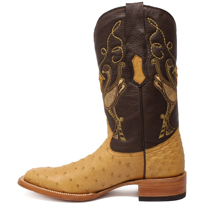 Men's Genuine Full Quill Ostrich Square Toe Boots Oryx