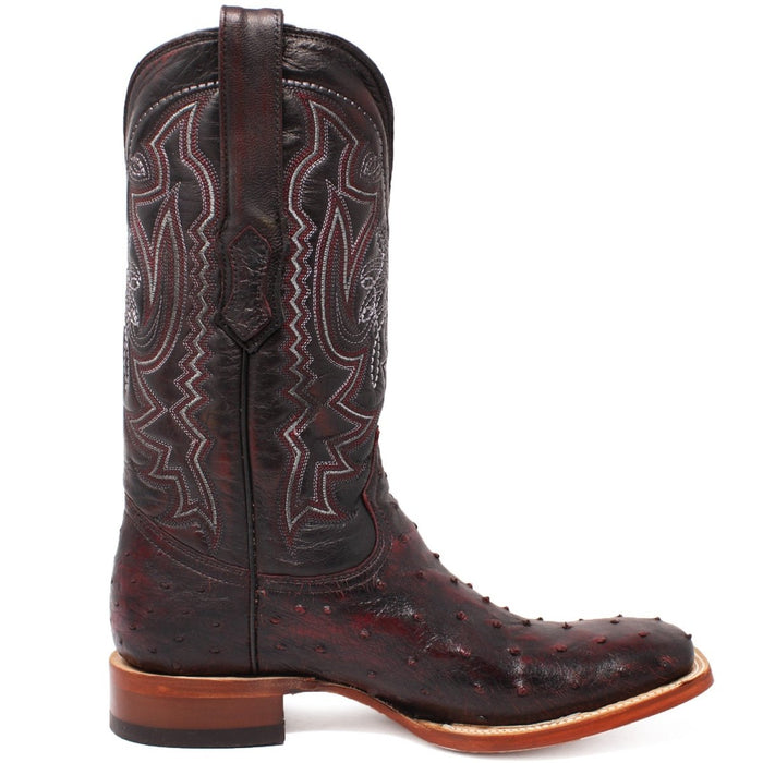Men's Genuine Full Quill Ostrich Square Toe Boots Black Cherry