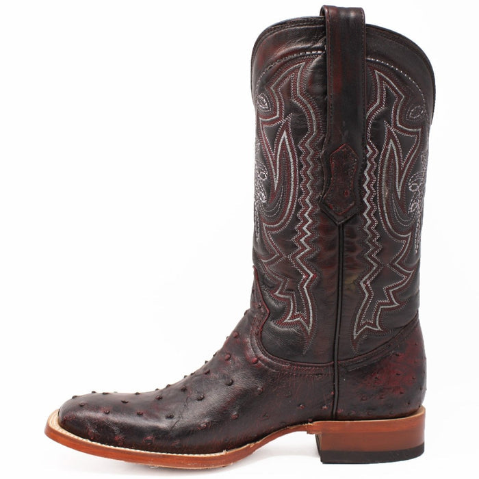 Men's Genuine Full Quill Ostrich Square Toe Boots Black Cherry