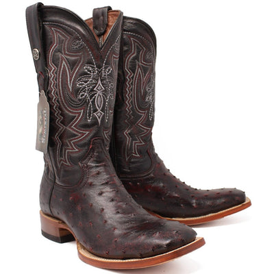 Men's Genuine Full Quill Ostrich Square Toe Boots Cherry Wood