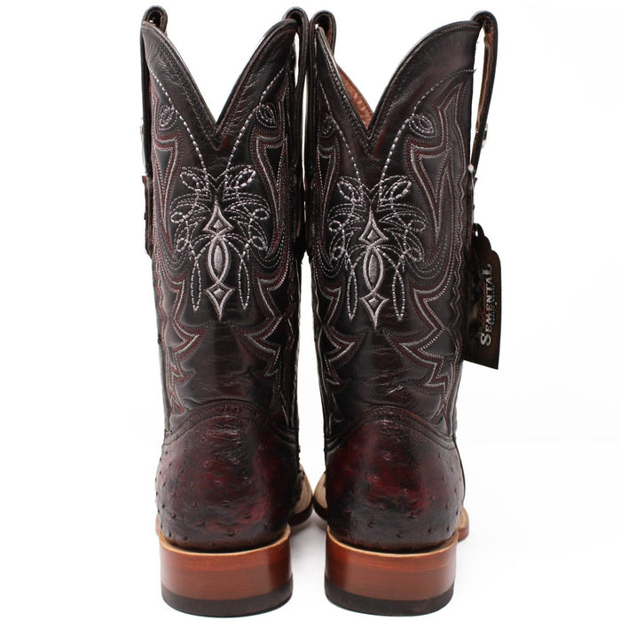 Men's Genuine Full Quill Ostrich Square Toe Boots Black Cherry