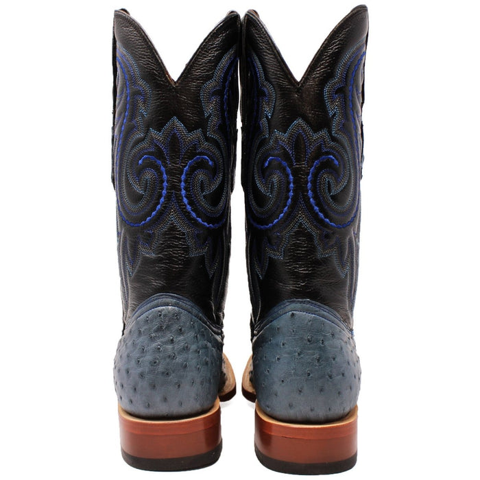 Men's Genuine Full Quill Ostrich Square Toe Boots Blue Jean