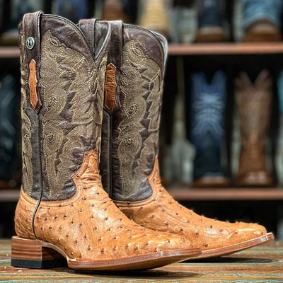 Men's Genuine Full Quill Ostrich Square Toe Boots Brandy