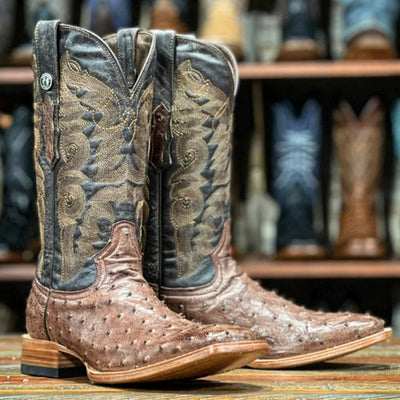 Men's Genuine Full Quill Ostrich Square Toe Boots Brown