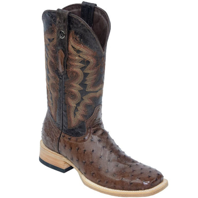 Men's Genuine Full Quill Ostrich Square Toe Boots Brown