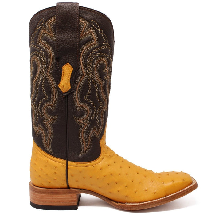 Men's Genuine Full Quill Ostrich Square Toe Boots Antique Saddle