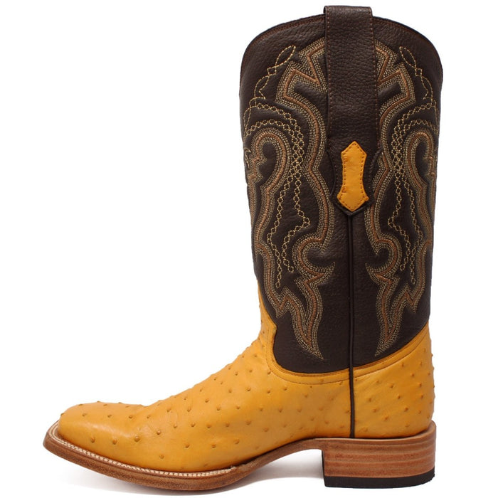 Men's Genuine Full Quill Ostrich Square Toe Boots Antique Saddle