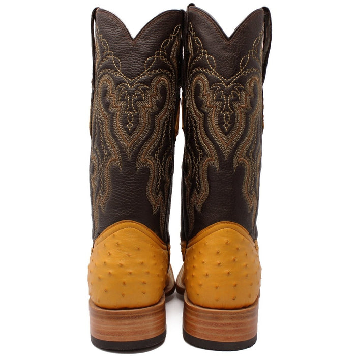 Men's Genuine Full Quill Ostrich Square Toe Boots Antique Saddle