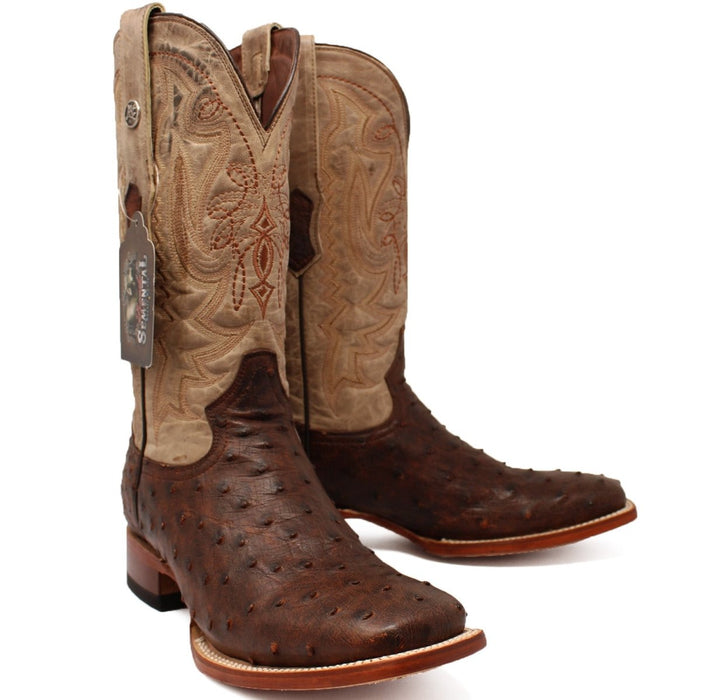 Men's Genuine Full Quill Ostrich Square Toe Boots Cherry Wood