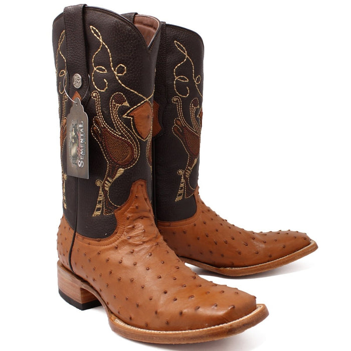 Men's Genuine Full Quill Ostrich Square Toe Boots Cognac