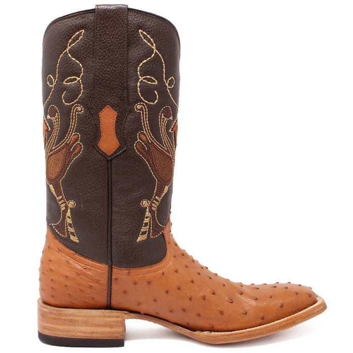 Men's Genuine Full Quill Ostrich Square Toe Boots Cognac