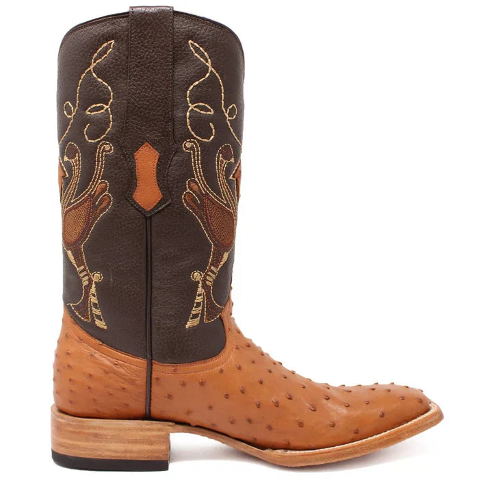 Men's Genuine Full Quill Ostrich Square Toe Boots Cognac