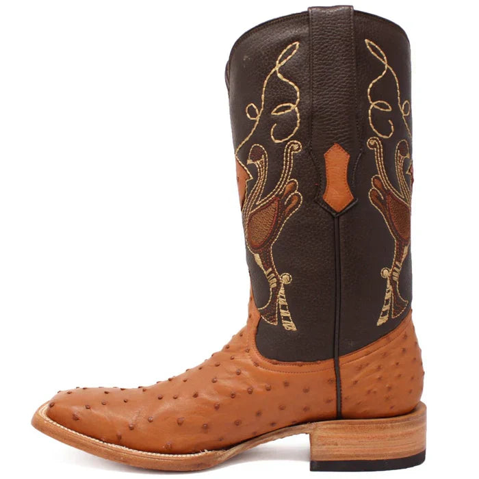 Men's Genuine Full Quill Ostrich Square Toe Boots Cognac