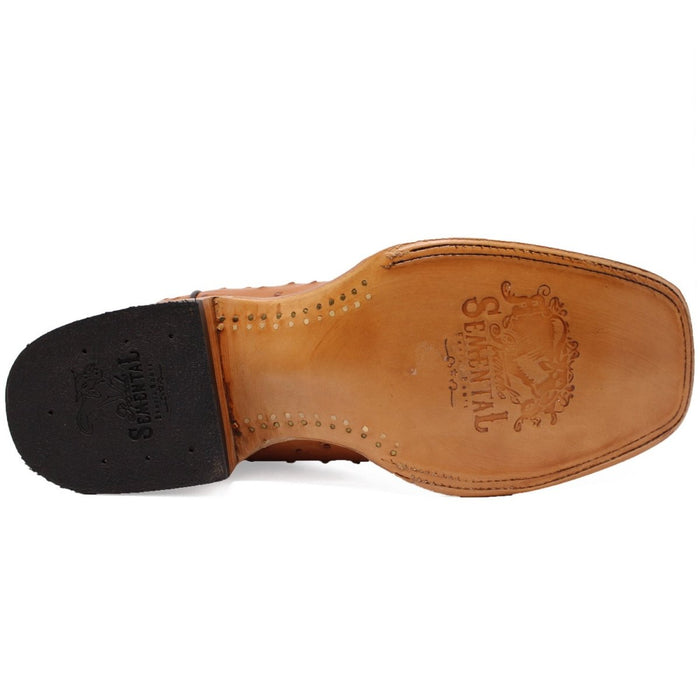 Men's Genuine Full Quill Ostrich Square Toe Boots Cognac