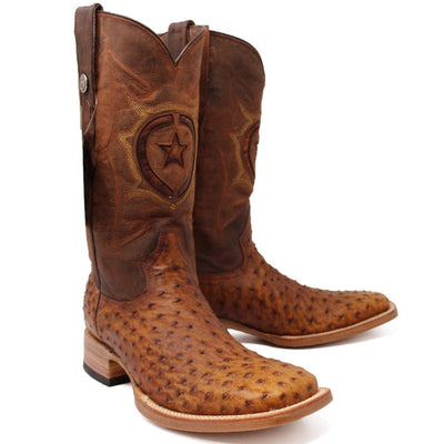 Men's Genuine Full Quill Ostrich Square Toe Boots Oiled Brandy