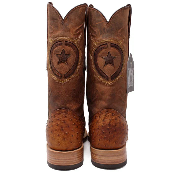 Men's Genuine Full Quill Ostrich Square Toe Boots Oiled Brandy TMX