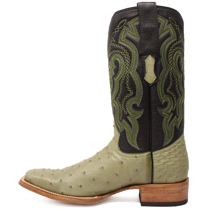 Men's Genuine Full Quill Ostrich Square Toe Boots Olive Green