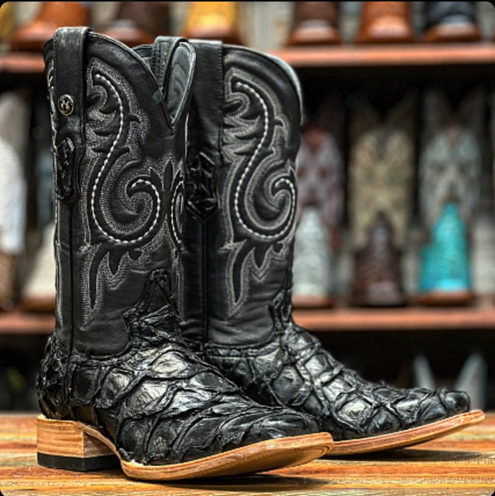 Men's Genuine Monster Fish Leather Square Toe Boots Black