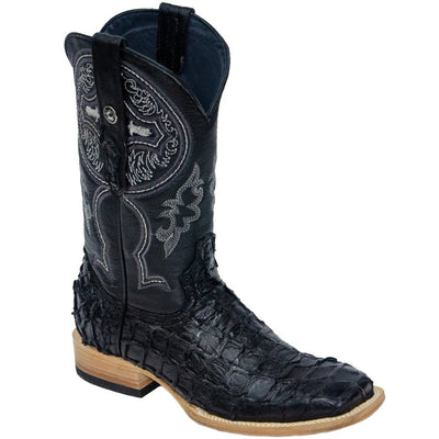 Men's Genuine Monster Fish Leather Square Toe Boots Black