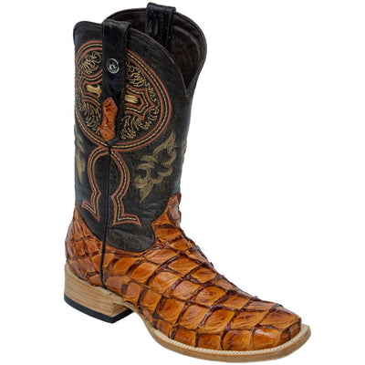Men's Genuine Monster Fish Leather Square Toe Boots Cognac