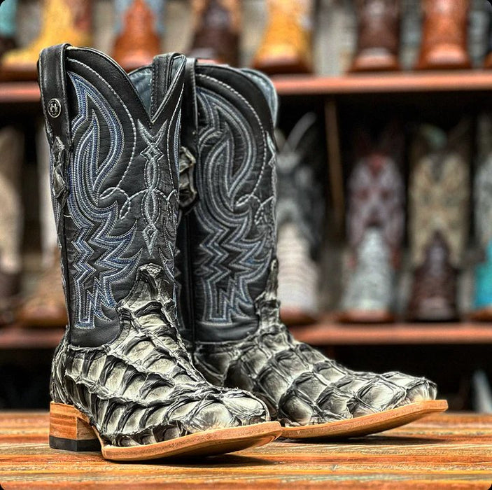 Men's Genuine Monster Fish Square Toe Boots Grey