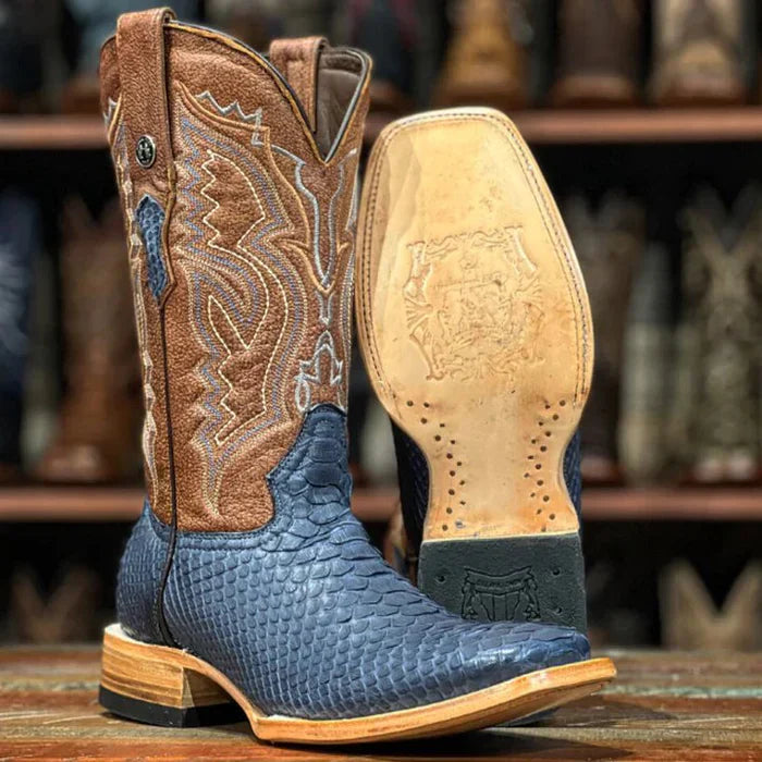 Men's Genuine Python Square Toe Boots Blue Jeans