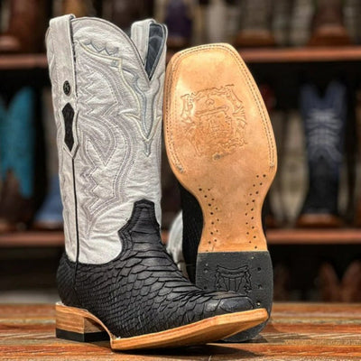 Men's Genuine Python Square Toe Boots Matte Black