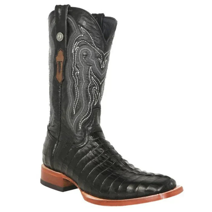 Lufkin Print Caiman Tail Square Toe Boots - Black