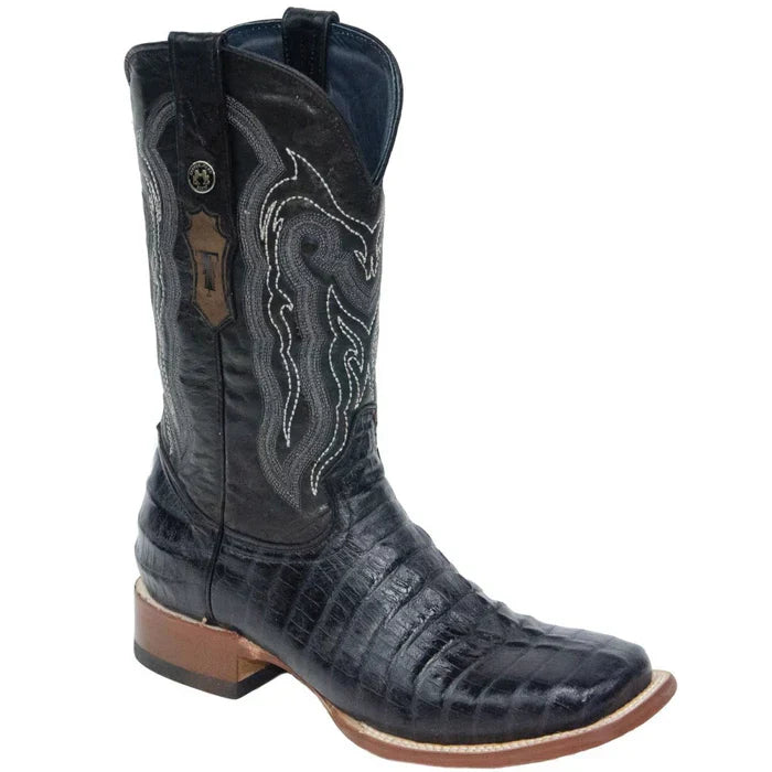 Lufkin Print Caiman Tail Square Toe Boots - Black