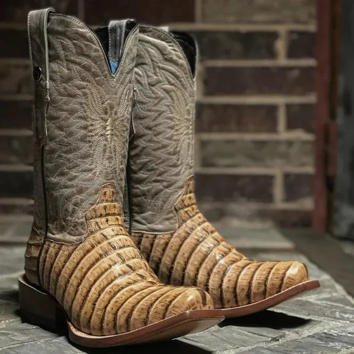 Caiman Tail Print Wide Square Toe Cowboy Boots