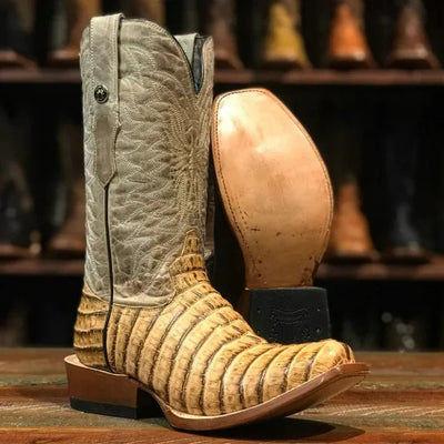 Caiman Tail Print Wide Square Toe Cowboy Boots