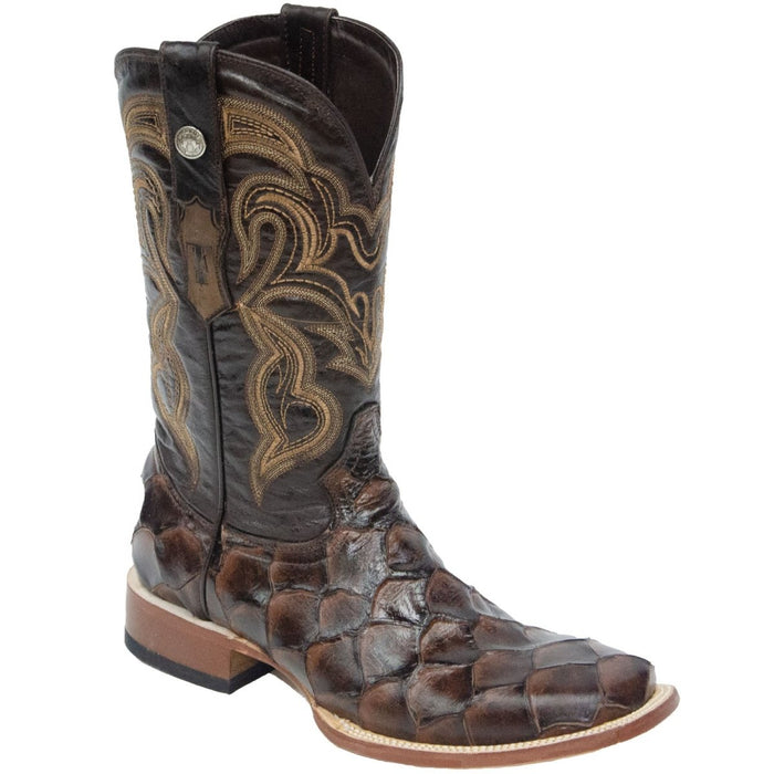 Men's Print Monster Fish Square Toe Boots Brown