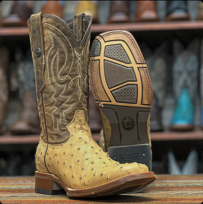 Men's Print Ostrich Square Toe Boots Black with Brown