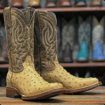 Men's Print Ostrich Square Toe Boots Antique Saddle