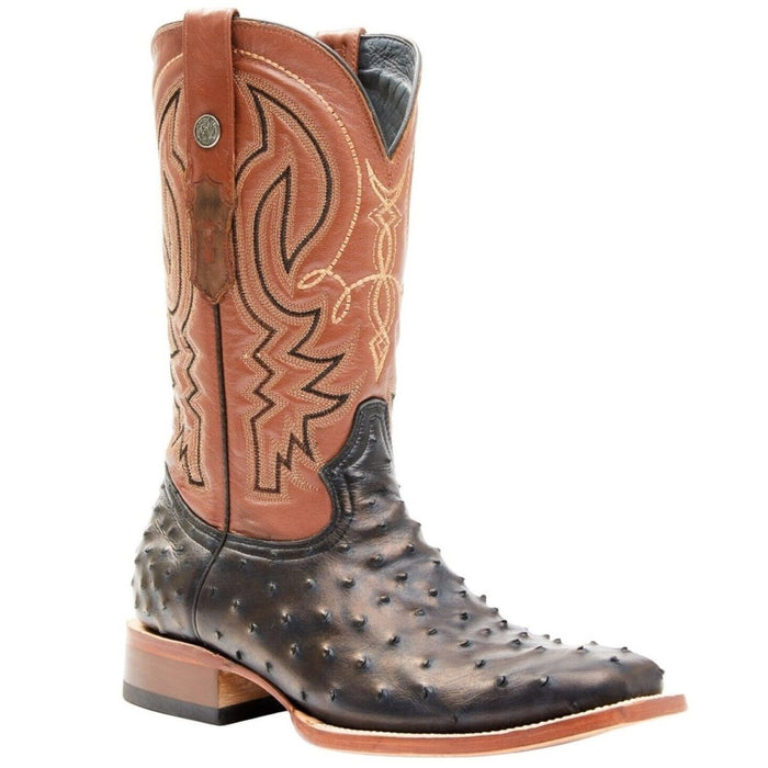 Tanner Mark Men's Checotah Print Ostrich Square Toe Boots Black