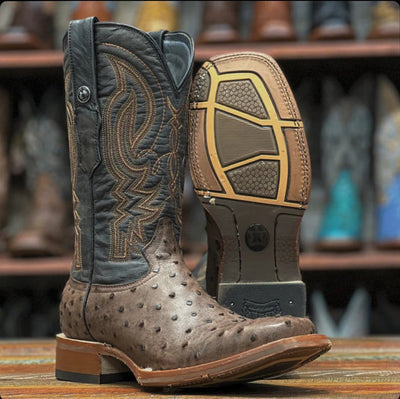 Men's Print Ostrich Square Toe Boots Antique Saddle