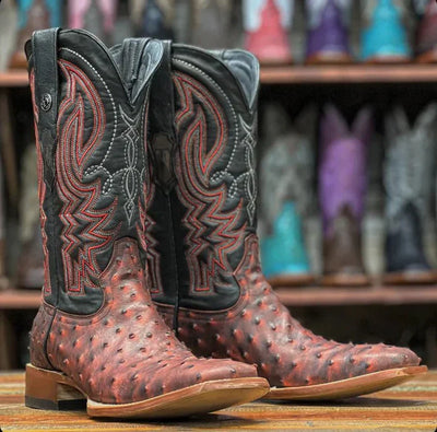 Men's Print Ostrich Square Toe Boots Red with Black