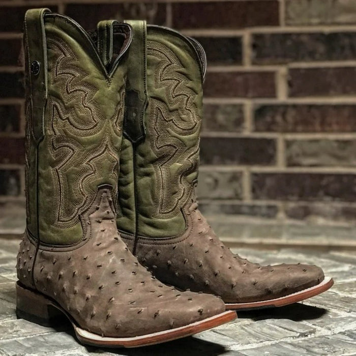 Men's Print Ostrich Square Toe Boots Suede Brown