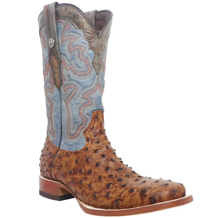 Men's Van Zandt Print Ostrich Square Toe Boots Cognac