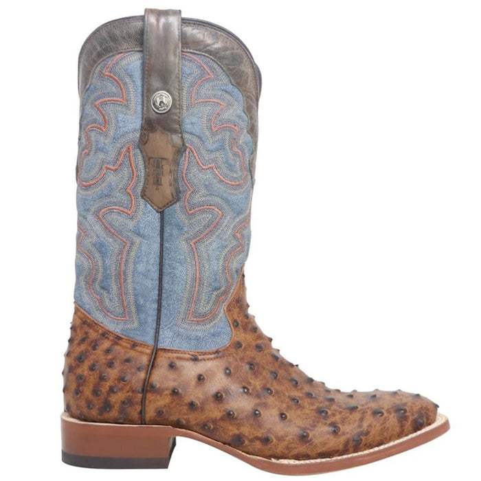 Men's Van Zandt Print Ostrich Square Toe Boots Cognac