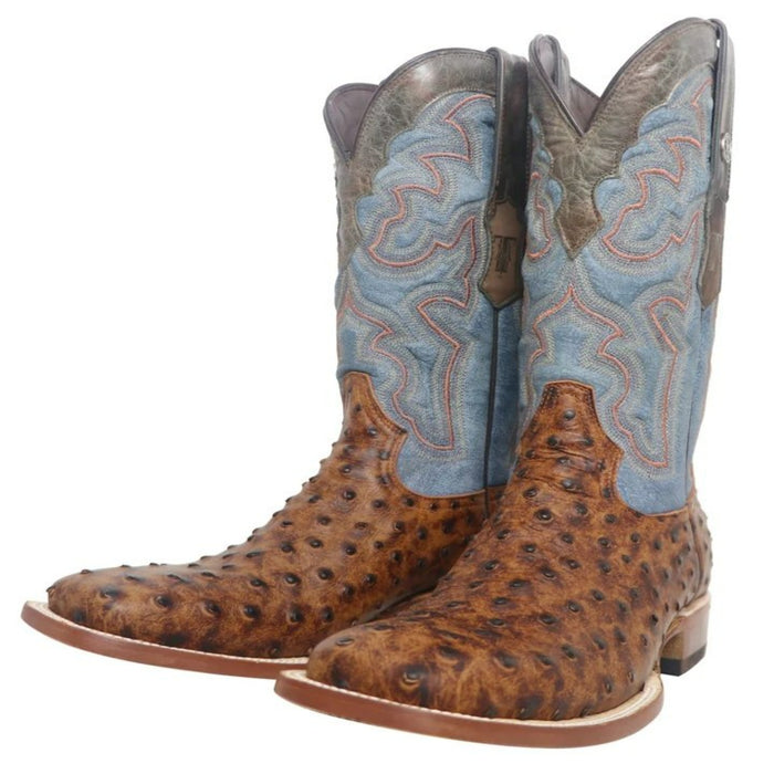 Men's Van Zandt Print Ostrich Square Toe Boots Cognac