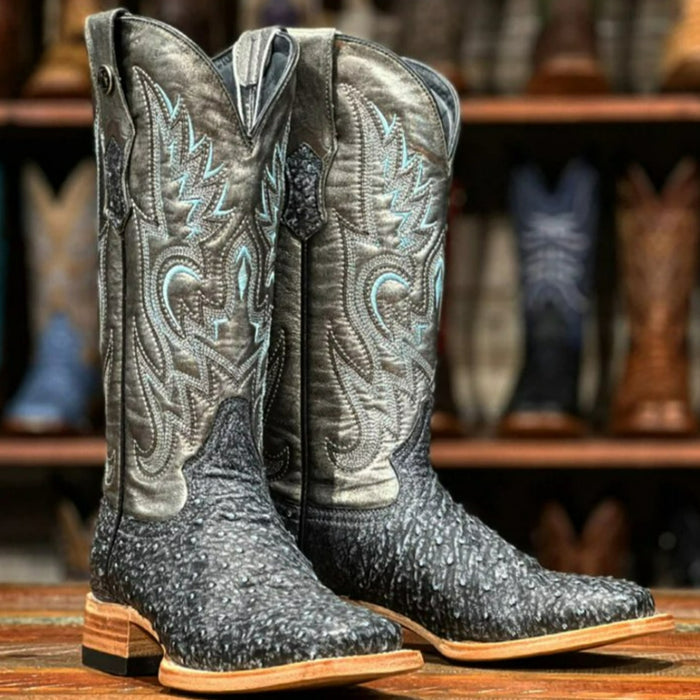 Women's Full Quill Ostrich Square Toe Boots Blue Denim