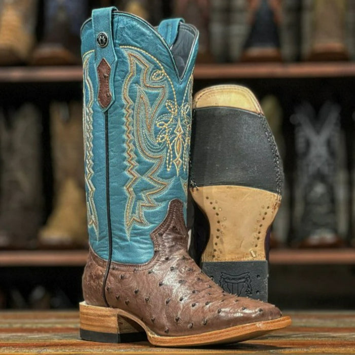 Women's Full Quill Ostrich Square Toe Boots Brown