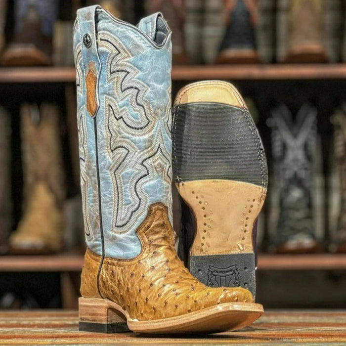 Women's Full Quill Ostrich Square Toe Boots Tan