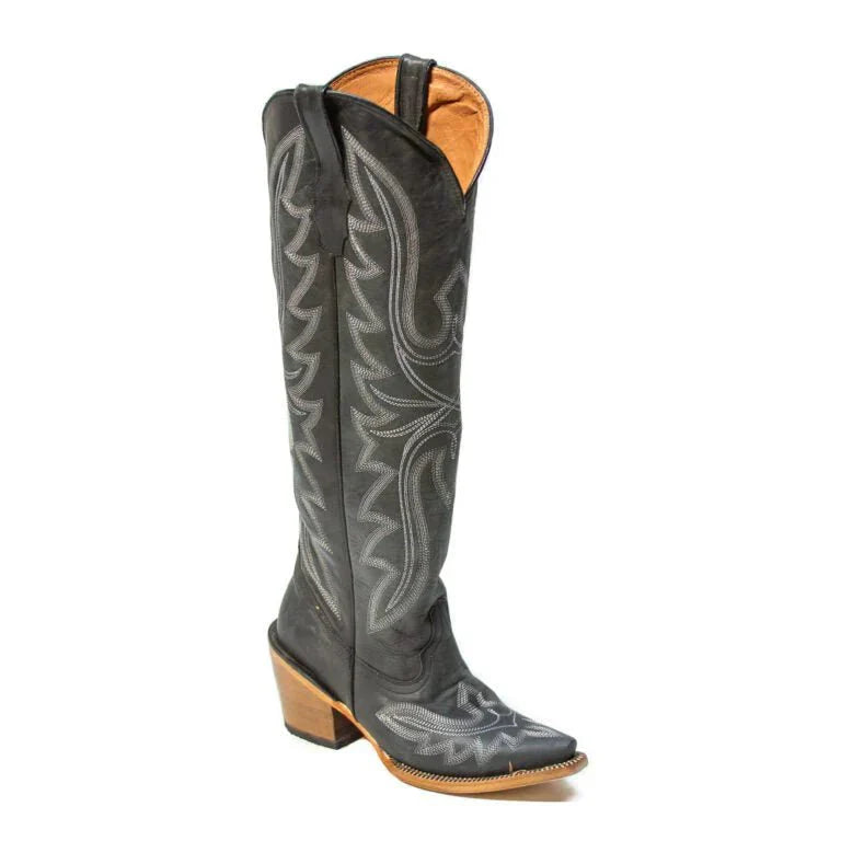 Tanner Mark Women's Snip Toe Fashion Heel Knee High Leather Boots Black