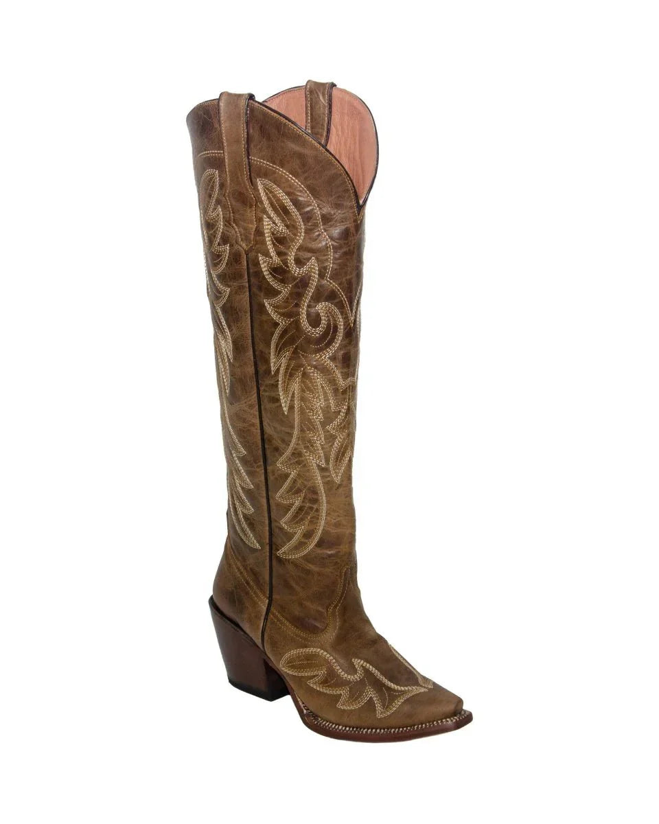Tanner Mark Women's Snip Toe Fashion Heel Knee High Leather Boots Cognac