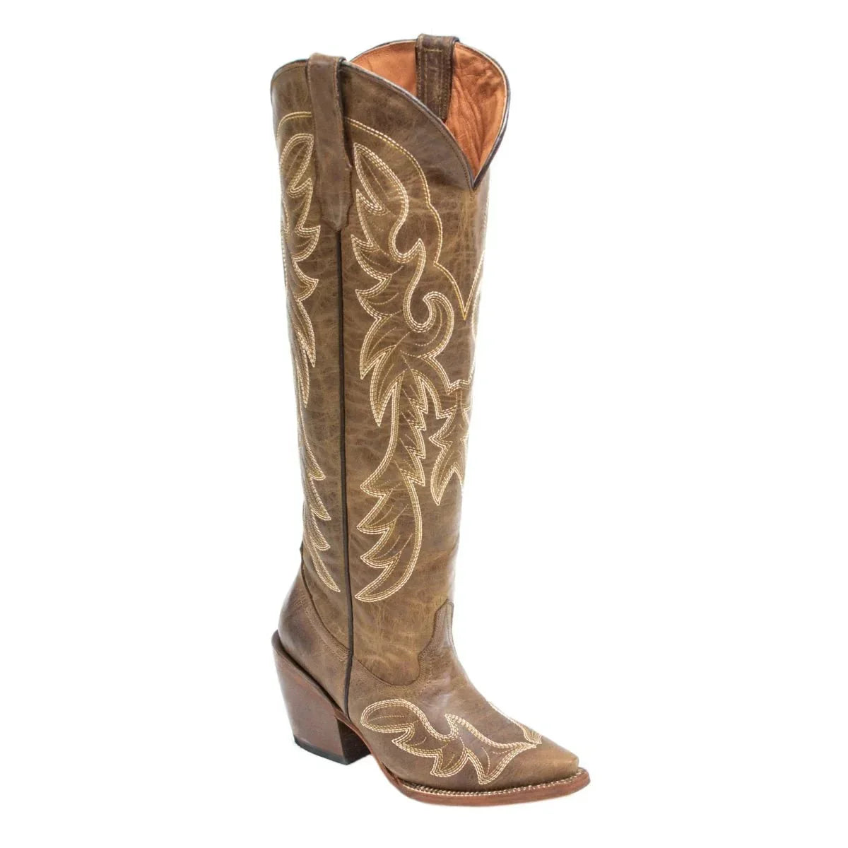 Tanner Mark Women's Snip Toe Fashion Heel Knee High Leather Boots Cognac