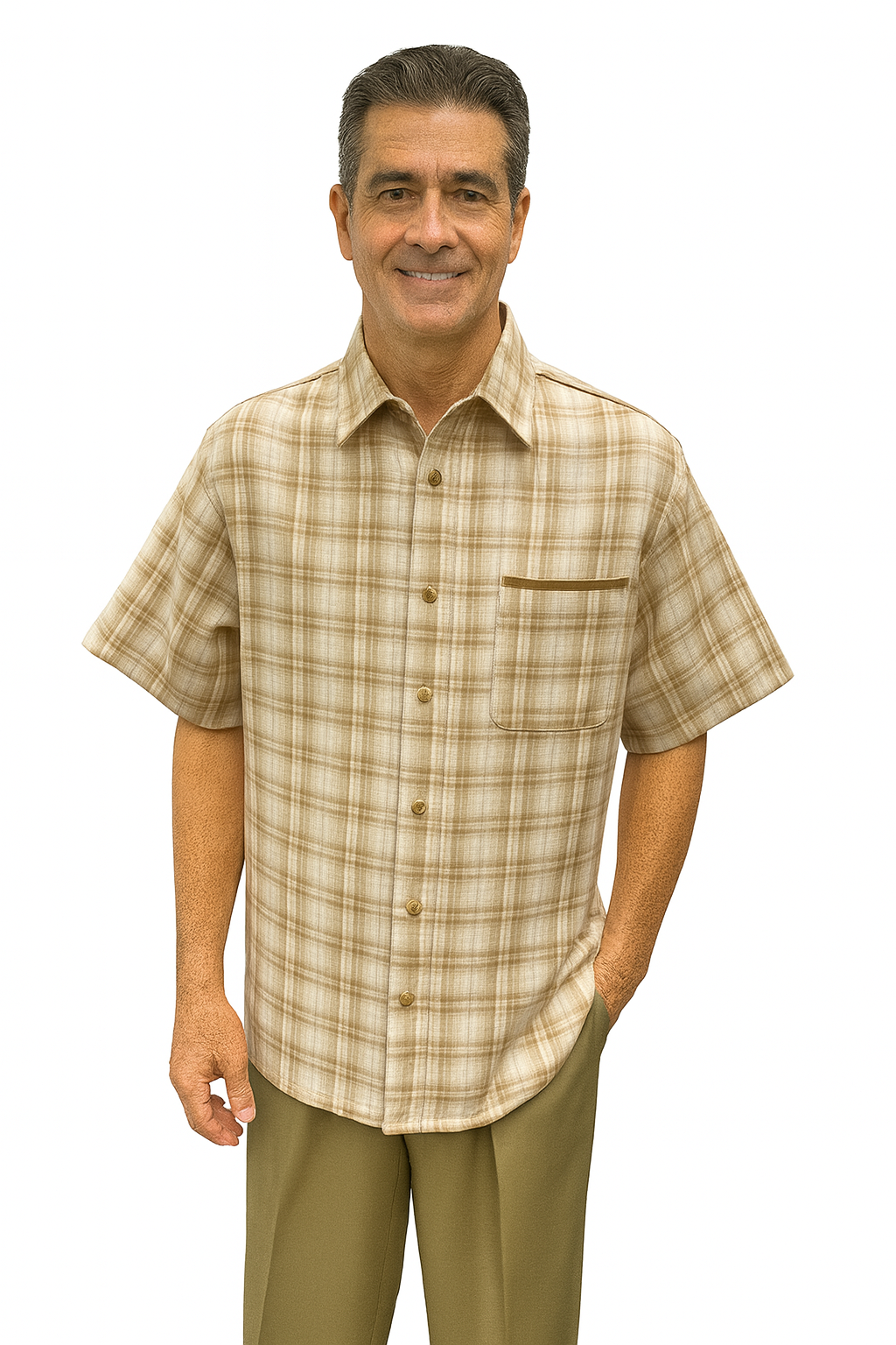 Mens Plaid Walking Suit in tan by Dreams by Zacchi – 2 Piece Leisure Outfit with Matching Shirt and pant -$99